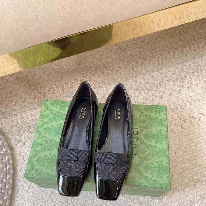 Gucci Women Ballet Flats GG Canvas Black Patent Leather Bow Sole Square Toe (9)