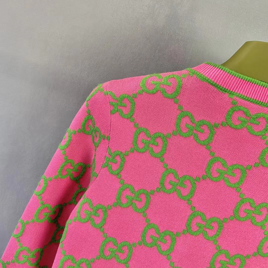 Gucci Women Cotton Silk Blend Cardigan Fuchsia Green Jacquard Crewneck Long Sleeves (10)