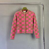 Gucci Women Cotton Silk Blend Cardigan Fuchsia Green Jacquard Crewneck Long Sleeves (9)