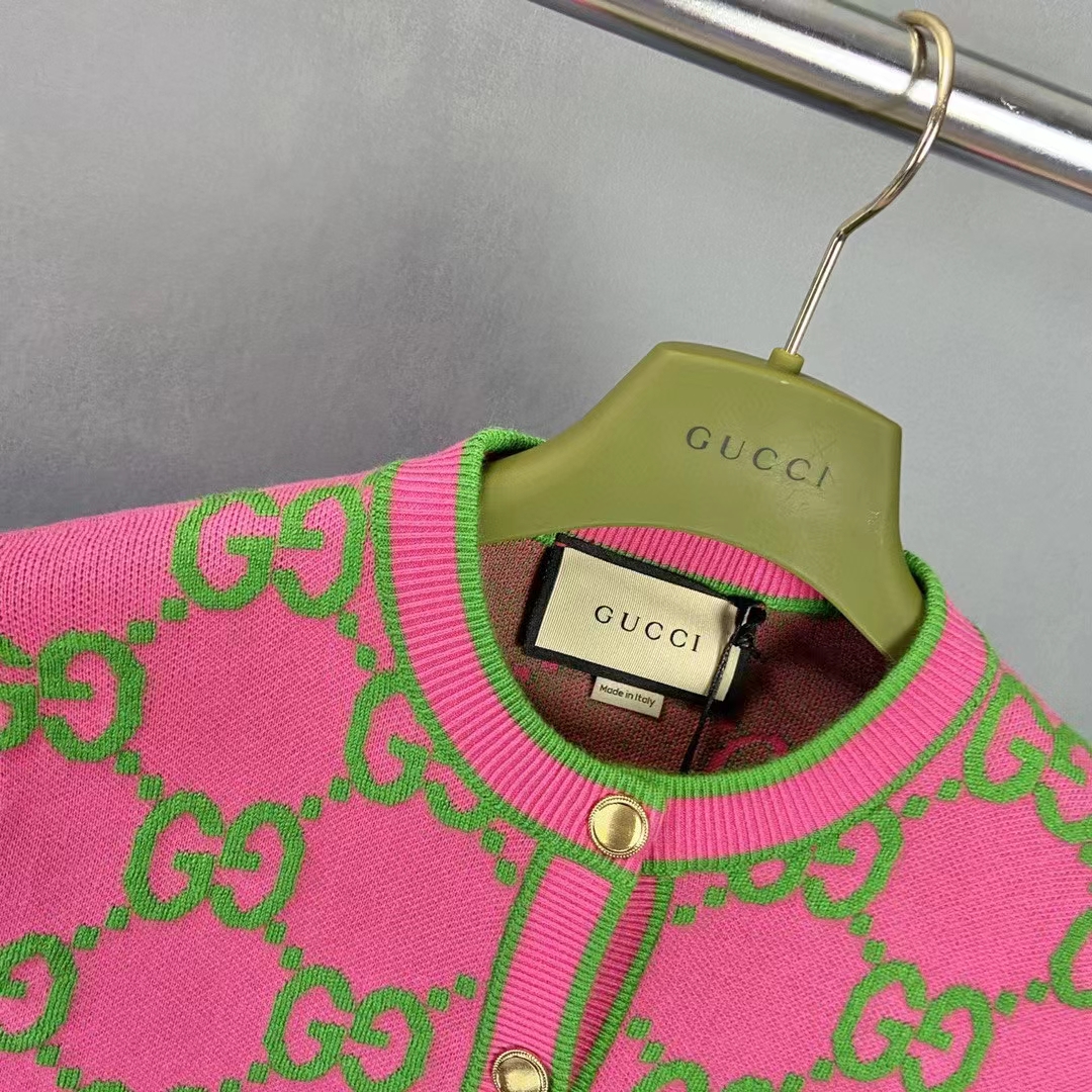 Gucci Women Cotton Silk Blend Cardigan Fuchsia Green Jacquard Crewneck Long Sleeves (13)