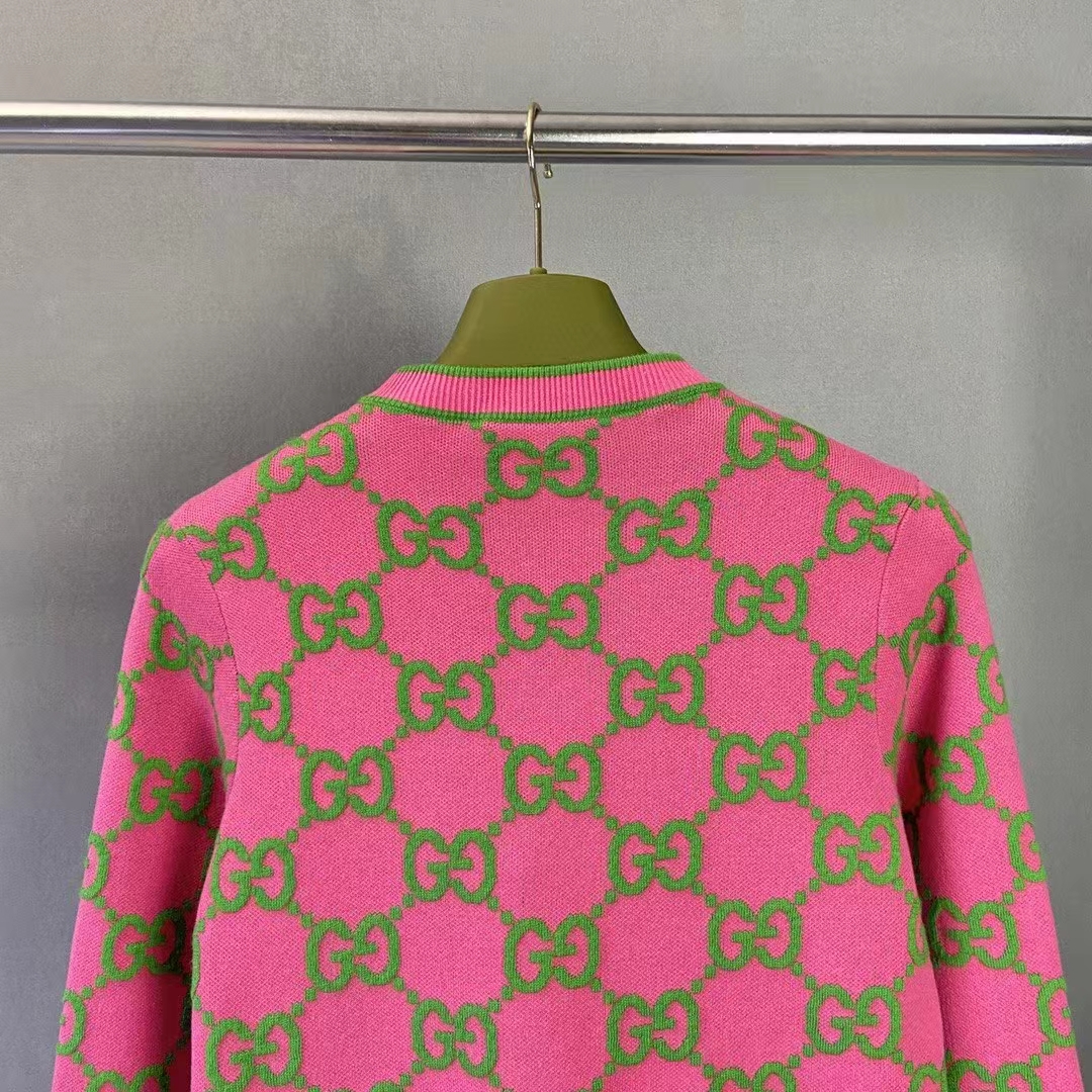 Gucci Women Cotton Silk Blend Cardigan Fuchsia Green Jacquard Crewneck Long Sleeves (5)