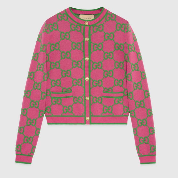 Gucci Women Cotton Silk Blend Cardigan Fuchsia Green Jacquard Crewneck Long Sleeves