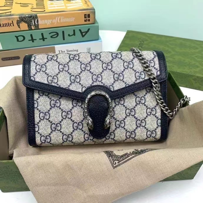Gucci Women Dionysus GG Mini Chain Wallet Beige Blue GG Supreme Canvas Leather (11)