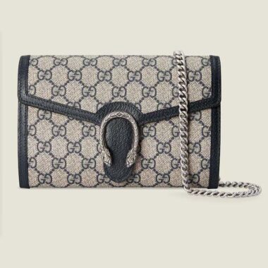 Gucci Women Dionysus GG Mini Chain Wallet Beige Blue GG Supreme Canvas Leather
