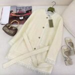 Gucci Women GG Belted Wool Bouclé Jacket White Ribbon Lined Detachable Patch Pockets - Imagen 5