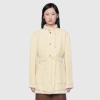 Gucci Women GG Belted Wool Bouclé Jacket White Ribbon Lined Detachable Patch Pockets (7)