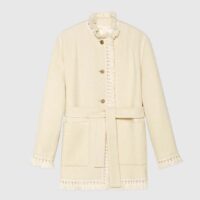 Gucci Women GG Belted Wool Bouclé Jacket White Ribbon Lined Detachable Patch Pockets