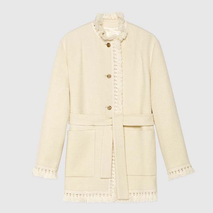 Gucci Women GG Belted Wool Bouclé Jacket White Ribbon Lined Detachable Patch Pockets