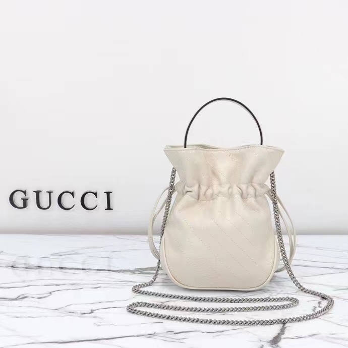 Gucci Women GG Blondie Mini Bucket Bag White Leather Round Interlocking G (9)