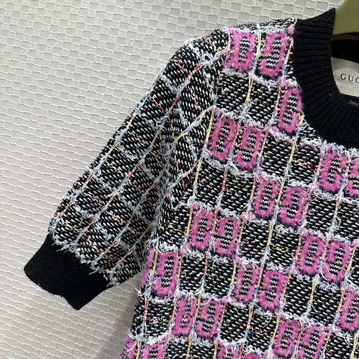 Gucci Women GG Cotton Dress Black Pink Blend Double G Buttons Intarsia Crewneck Short Sleeves (11)
