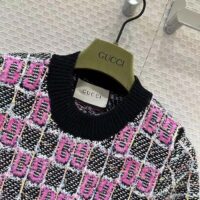 Gucci Women GG Cotton Dress Black Pink Blend Double G Buttons Intarsia Crewneck Short Sleeves (10)
