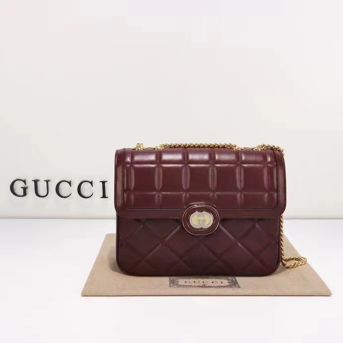 Gucci Women GG Deco Small Shoulder Bag Dark Red Leather Two-Toned Vintage Interlocking G (11)