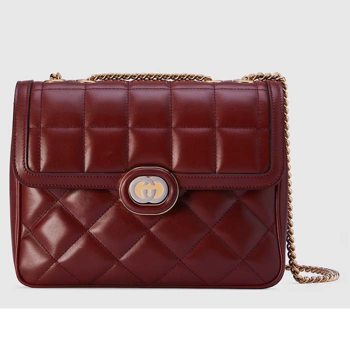 Gucci Women GG Deco Small Shoulder Bag Dark Red Leather Two-Toned Vintage Interlocking G