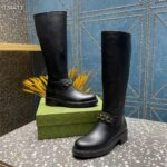 Gucci Women GG Gucci Boot Black Leather Rubber Sole Side Zip Closure Flat 2.3 CM Heel - Image 4