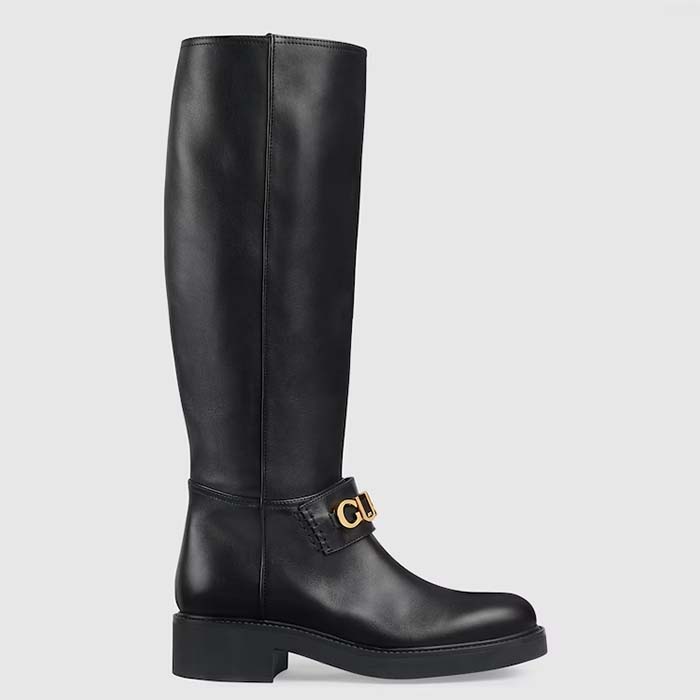 Gucci Women GG Gucci Boot Black Leather Rubber Sole Side Zip Closure Flat 2.3 CM Heel