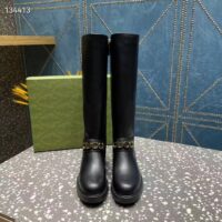 Gucci Women GG Gucci Boot Black Leather Rubber Sole Side Zip Closure Flat 2.3 CM Heel (3)