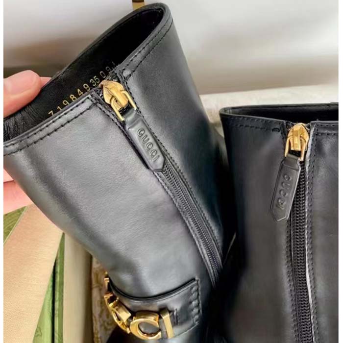 Gucci Women GG Gucci Boot Black Leather Script Rubber Sole Side Zip Closure Mid-Heel (1)