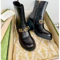 Gucci Women GG Gucci Boot Black Leather Script Rubber Sole Side Zip Closure Mid-Heel (9)