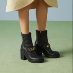 Gucci Women GG Gucci Boot Black Leather Script Rubber Sole Side Zip Closure Mid-Heel - Imagen 11