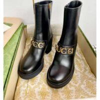 Gucci Women GG Gucci Boot Black Leather Script Rubber Sole Side Zip Closure Mid-Heel (9)