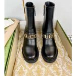 Gucci Women GG Gucci Boot Black Leather Script Rubber Sole Side Zip Closure Mid-Heel - Imagen 5