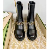 Gucci Women GG Gucci Boot Black Leather Script Rubber Sole Side Zip Closure Mid-Heel (9)