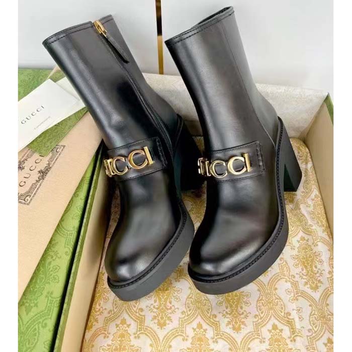 Gucci Women GG Gucci Boot Black Leather Script Rubber Sole Side Zip Closure Mid-Heel (7)