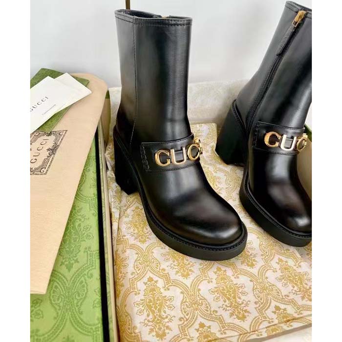 Gucci Women GG Gucci Boot Black Leather Script Rubber Sole Side Zip Closure Mid-Heel (8)