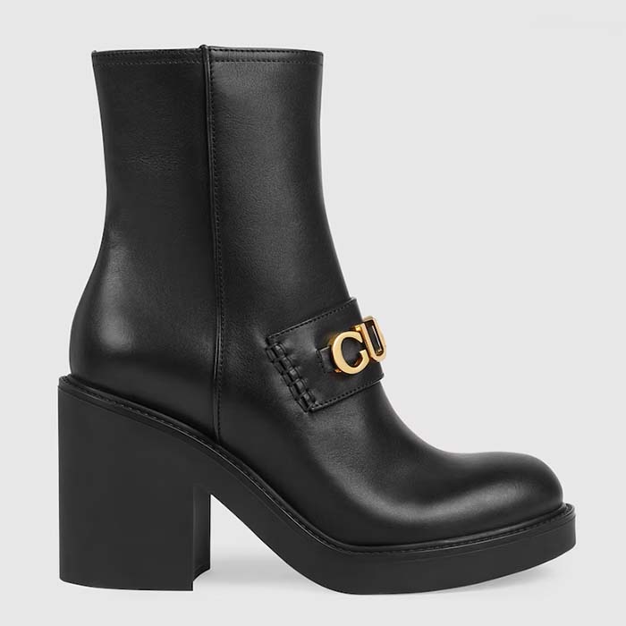 Gucci Women GG Gucci Boot Black Leather Script Rubber Sole Side Zip Closure Mid-Heel