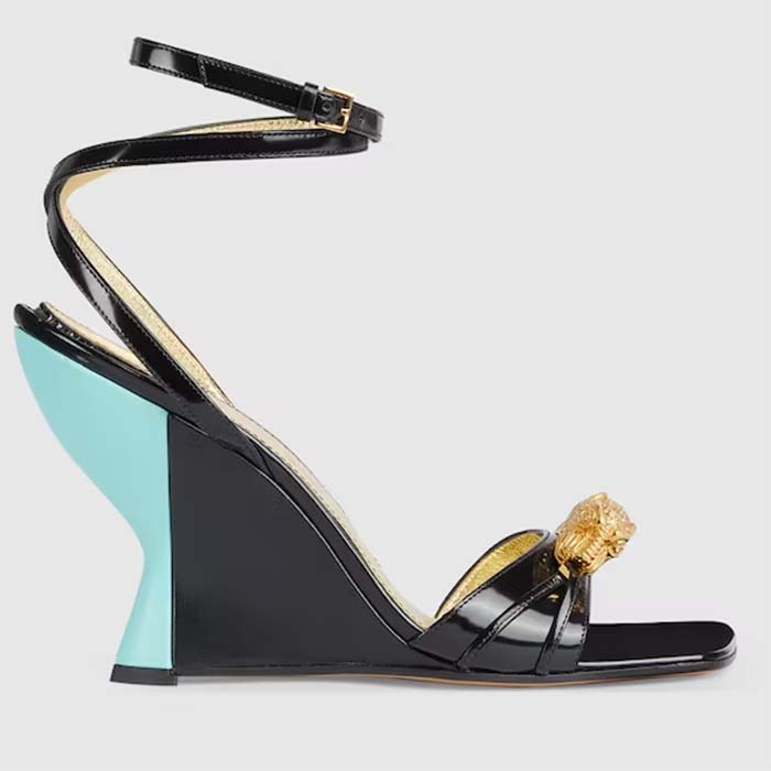 Gucci Women GG High-Heel Sandal Hardware Black Patent Leather Square Toe Geometric-Shaped Heel