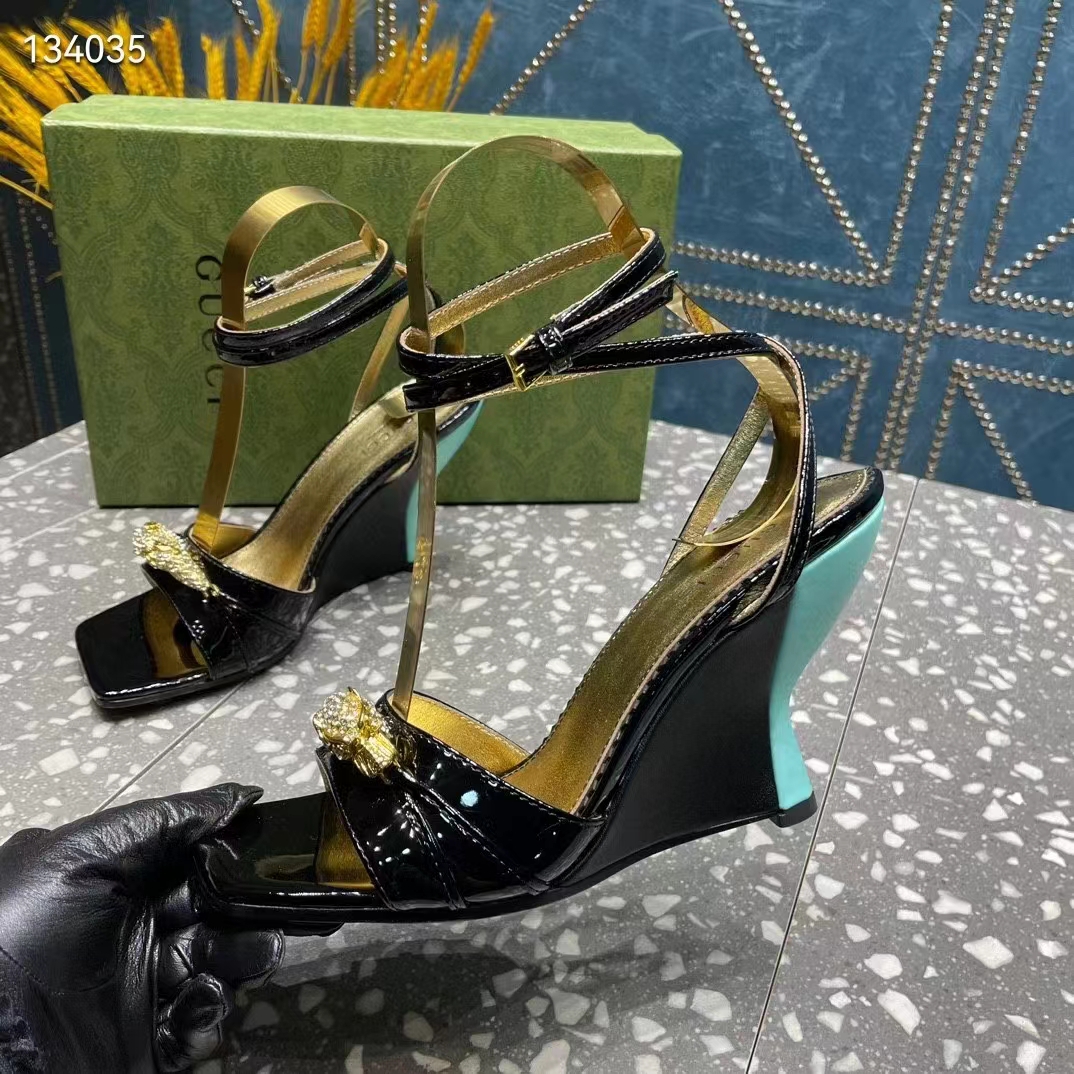 Gucci Women GG High-Heel Sandal Hardware Black Patent Leather Square Toe Geometric-Shaped Heel (5)