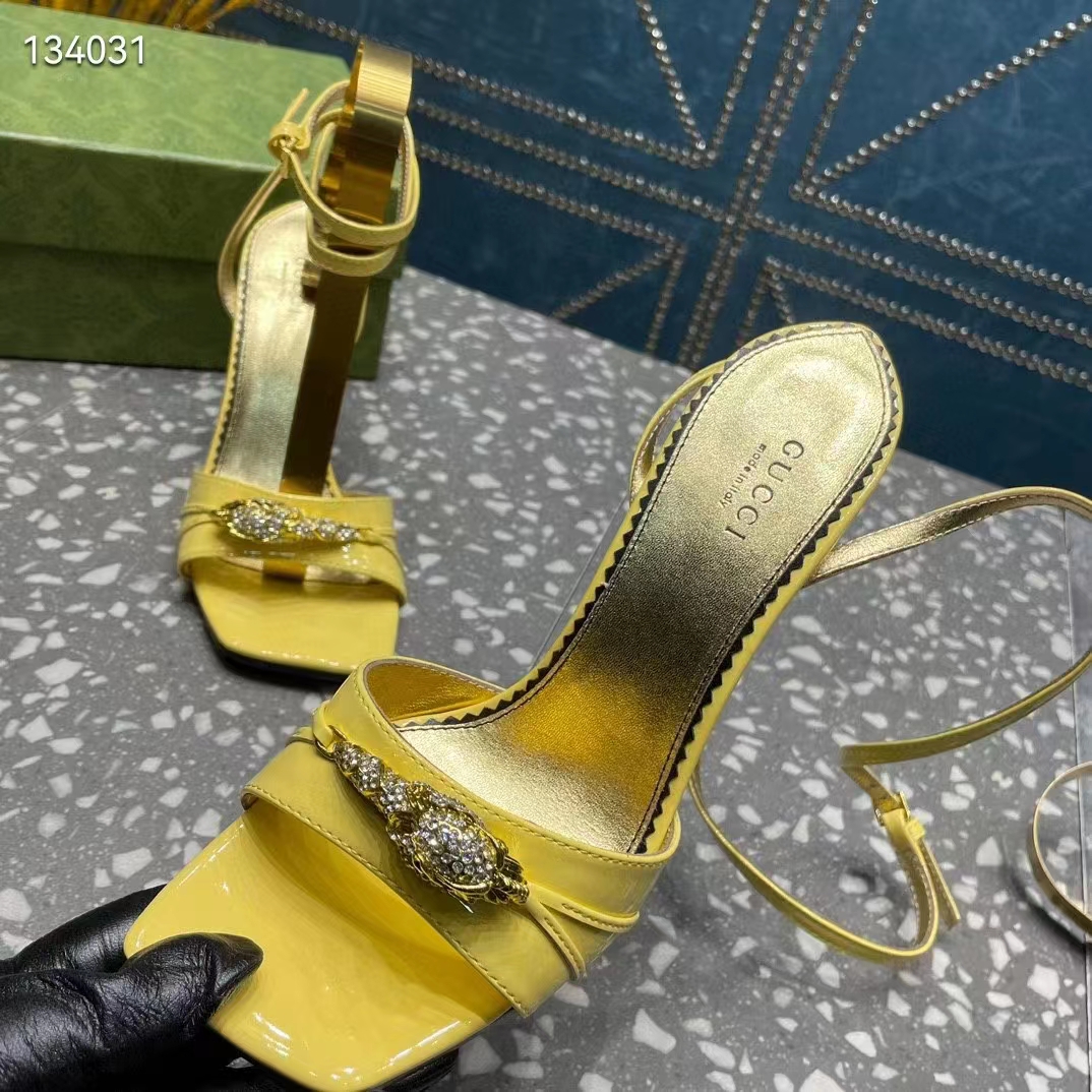 Gucci Women GG High-Heel Sandal Hardware Yellow Patent Leather Square Toe Geometric-Shaped Heel (11)