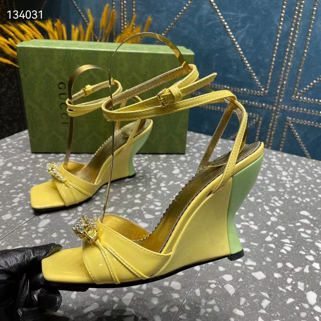 Gucci Women GG High-Heel Sandal Hardware Yellow Patent Leather Square Toe Geometric-Shaped Heel (2)