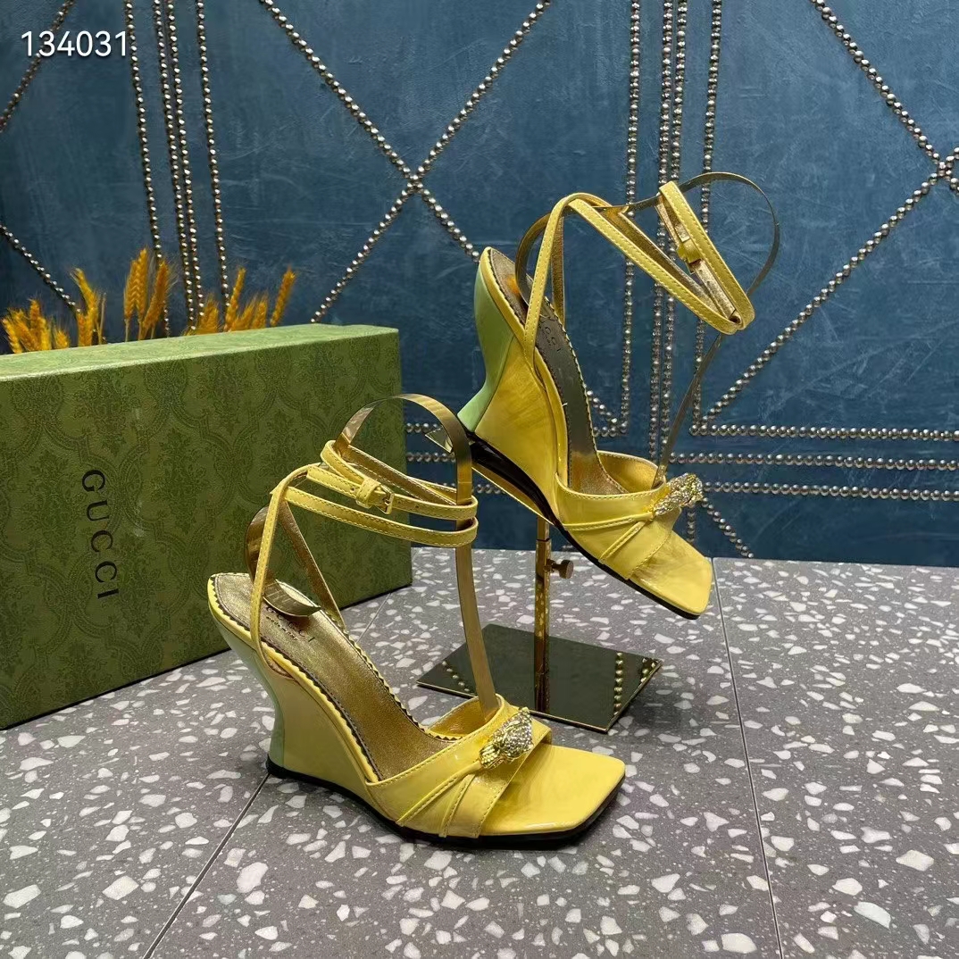 Gucci Women GG High-Heel Sandal Hardware Yellow Patent Leather Square Toe Geometric-Shaped Heel (3)
