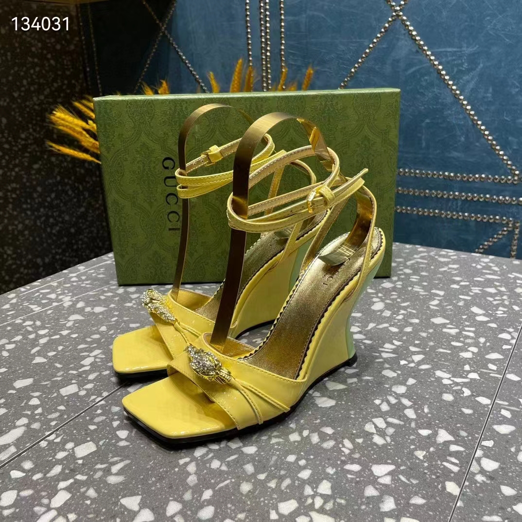 Gucci Women GG High-Heel Sandal Hardware Yellow Patent Leather Square Toe Geometric-Shaped Heel (4)