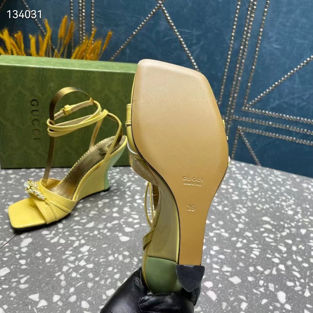 Gucci Women GG High-Heel Sandal Hardware Yellow Patent Leather Square Toe Geometric-Shaped Heel (5)