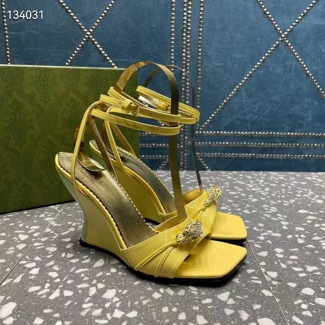 Gucci Women GG High-Heel Sandal Hardware Yellow Patent Leather Square Toe Geometric-Shaped Heel (7)
