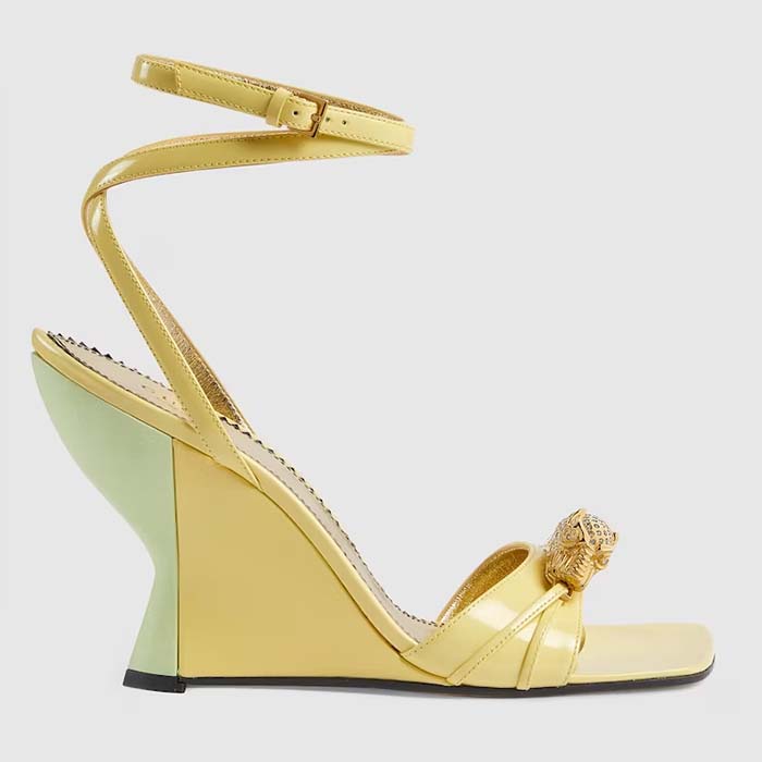 Gucci Women GG High-Heel Sandal Hardware Yellow Patent Leather Square Toe Geometric-Shaped Heel