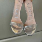 Gucci Women GG High Heeled Metallic Sandal Silver Leather Ankle Strap Metal Double G Buckle Crystals - Image 8