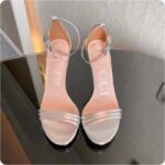 Gucci Women GG High Heeled Metallic Sandal Silver Leather Ankle Strap Metal Double G Buckle Crystals - Image 4