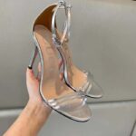 Gucci Women GG High Heeled Metallic Sandal Silver Leather Ankle Strap Metal Double G Buckle Crystals - Image 6