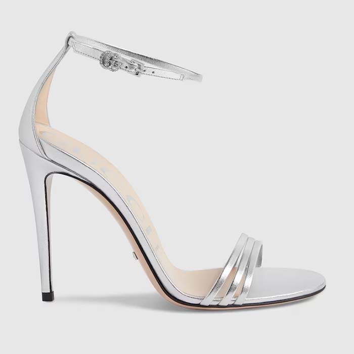 Gucci Women GG High Heeled Metallic Sandal Silver Leather Ankle Strap Metal Double G Buckle Crystals
