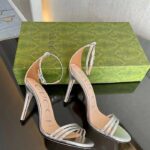 Gucci Women GG High Heeled Metallic Sandal Silver Leather Ankle Strap Metal Double G Buckle Crystals - Image 2