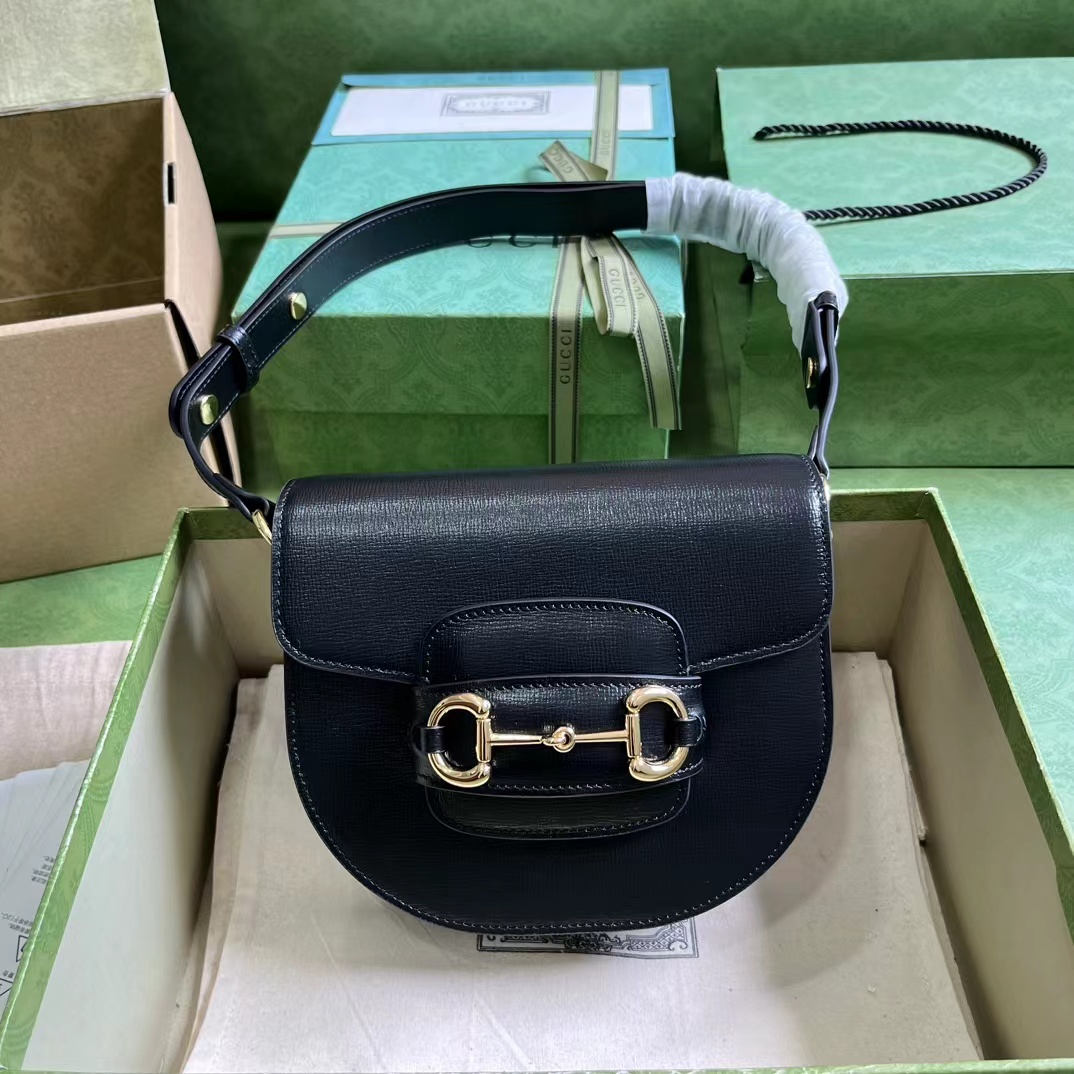 Gucci Women GG Horsebit 1955 Mini Round Shoulder Bag Black Leather Cotton Linen Lining (2)