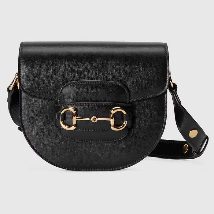 Gucci Women GG Horsebit 1955 Mini Round Shoulder Bag Black Leather Cotton Linen Lining