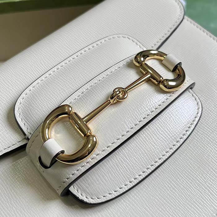 Gucci Women GG Horsebit 1955 Mini Round Shoulder Bag White Leather Cotton Linen Lining (1)