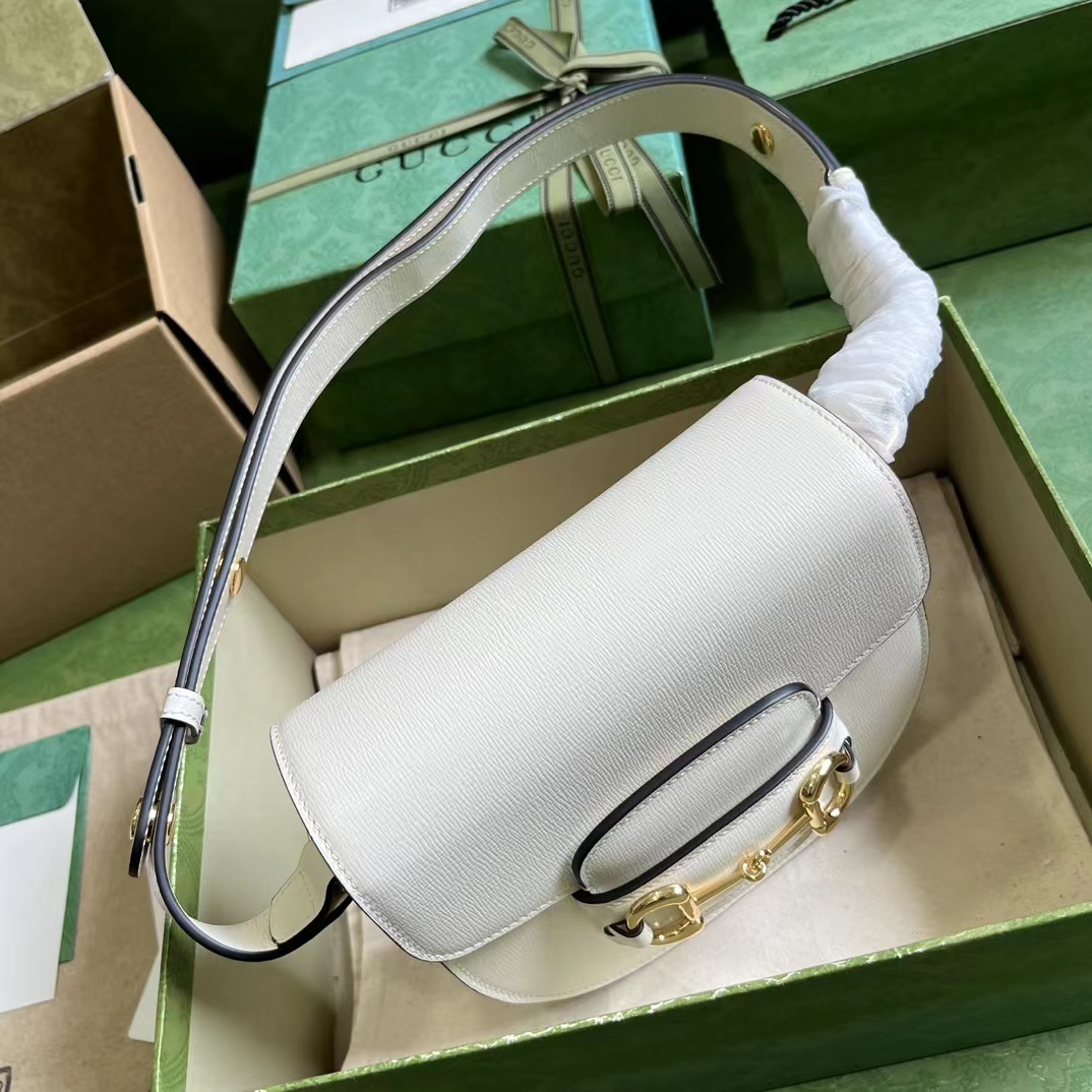 Gucci Women GG Horsebit 1955 Mini Round Shoulder Bag White Leather Cotton Linen Lining (10)