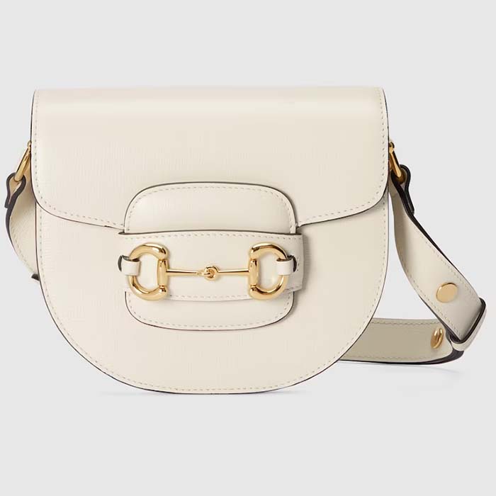 Gucci Women GG Horsebit 1955 Mini Round Shoulder Bag White Leather Cotton Linen Lining