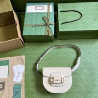 Gucci Women GG Horsebit 1955 Mini Round Shoulder Bag White Leather Cotton Linen Lining (11)
