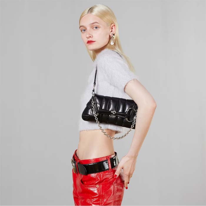 Gucci Women GG Horsebit Chain Small Shoulder Bag Black Quilted Leather Maxi Horsebit (2)